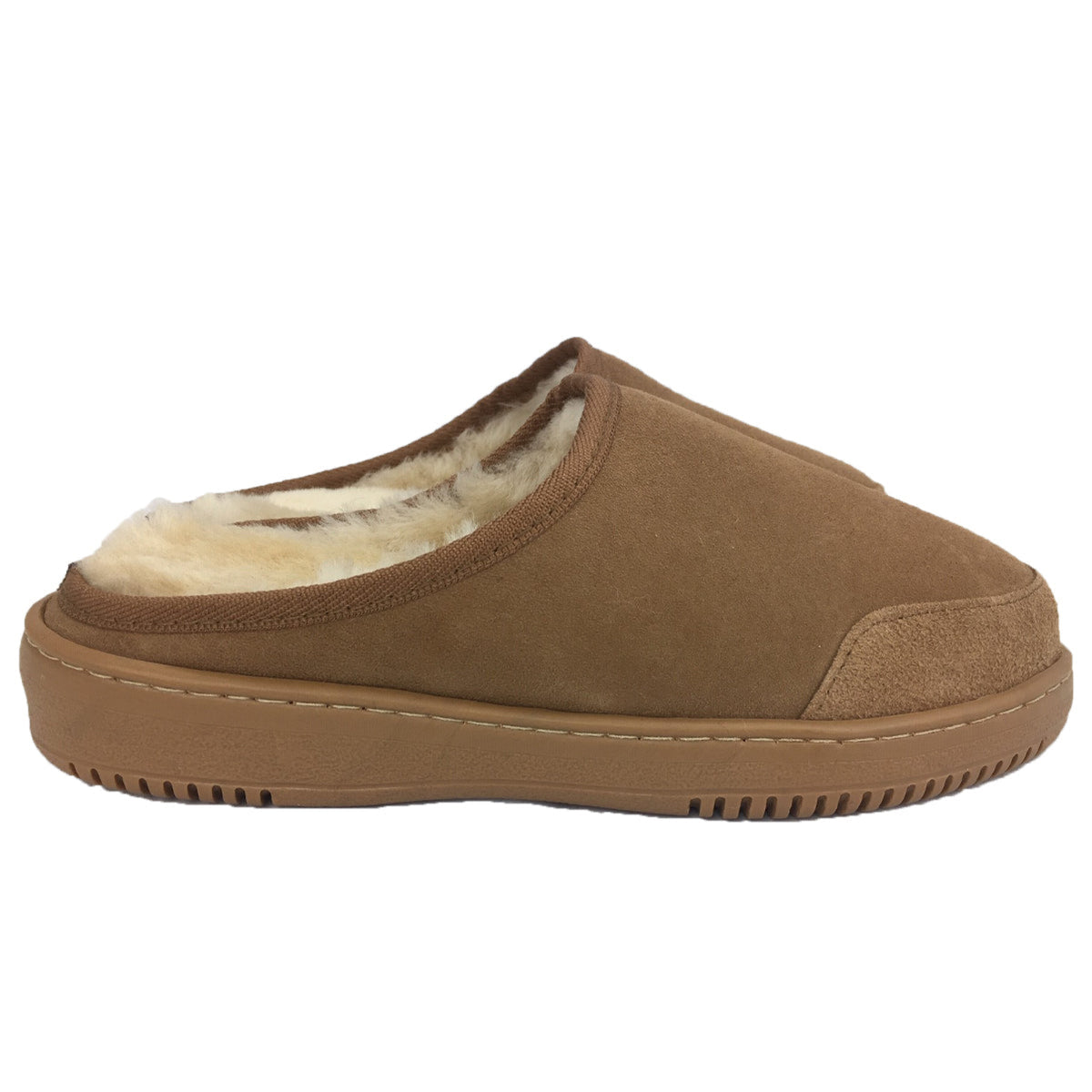 sheepskin clog Brown slipper with fur lining on a white background