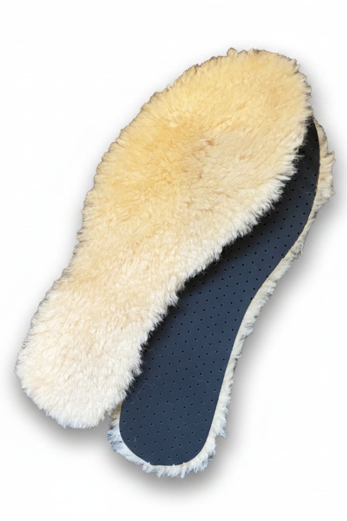 Shoe insole with beige woolen lining and blue perforated sole on a light gray background