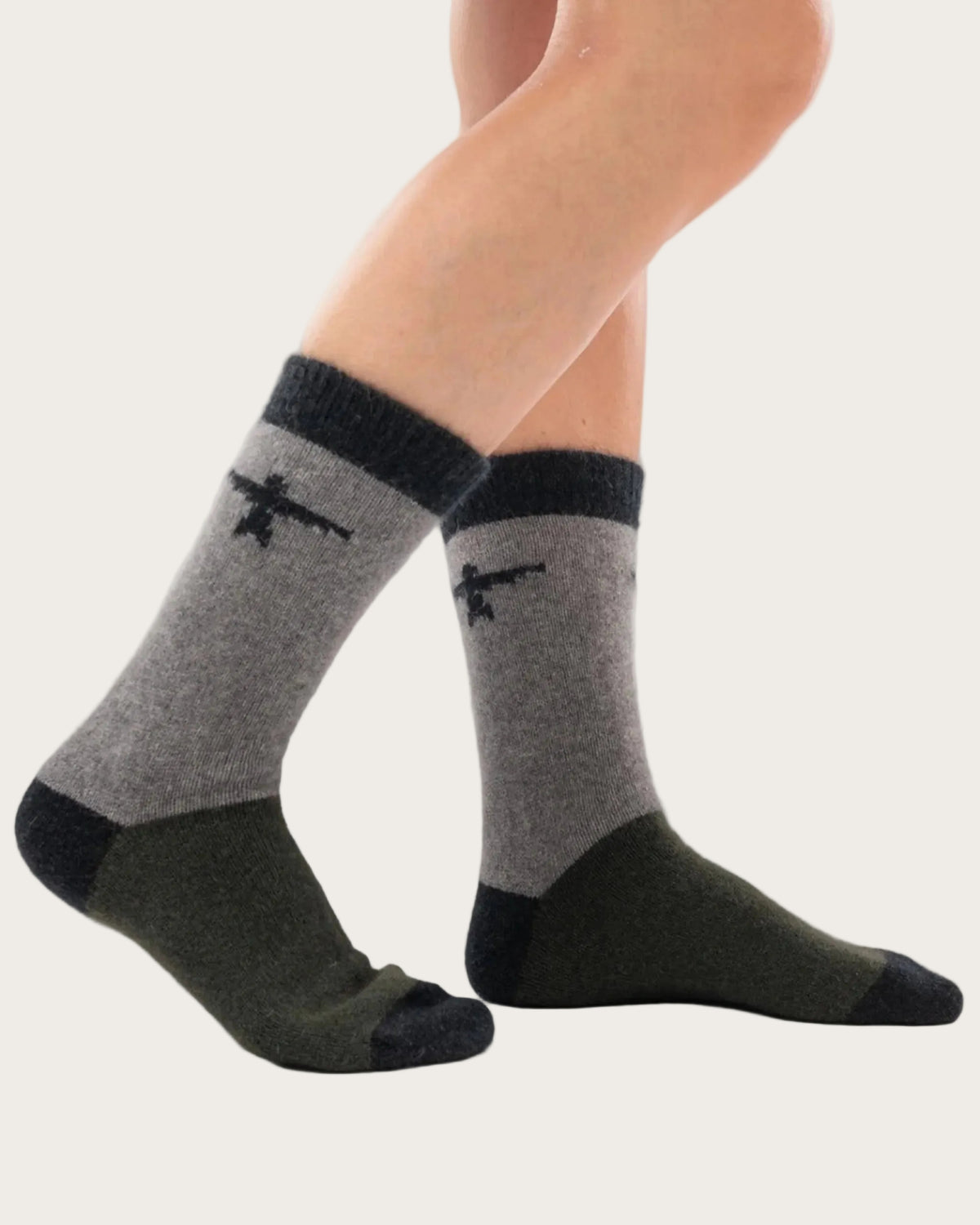 Possum Merino Gray and green socks with black accents Untouched world kite 