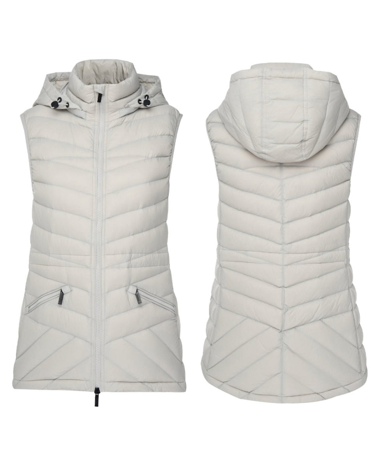 White quilted pgilet with hood shown from fvest 