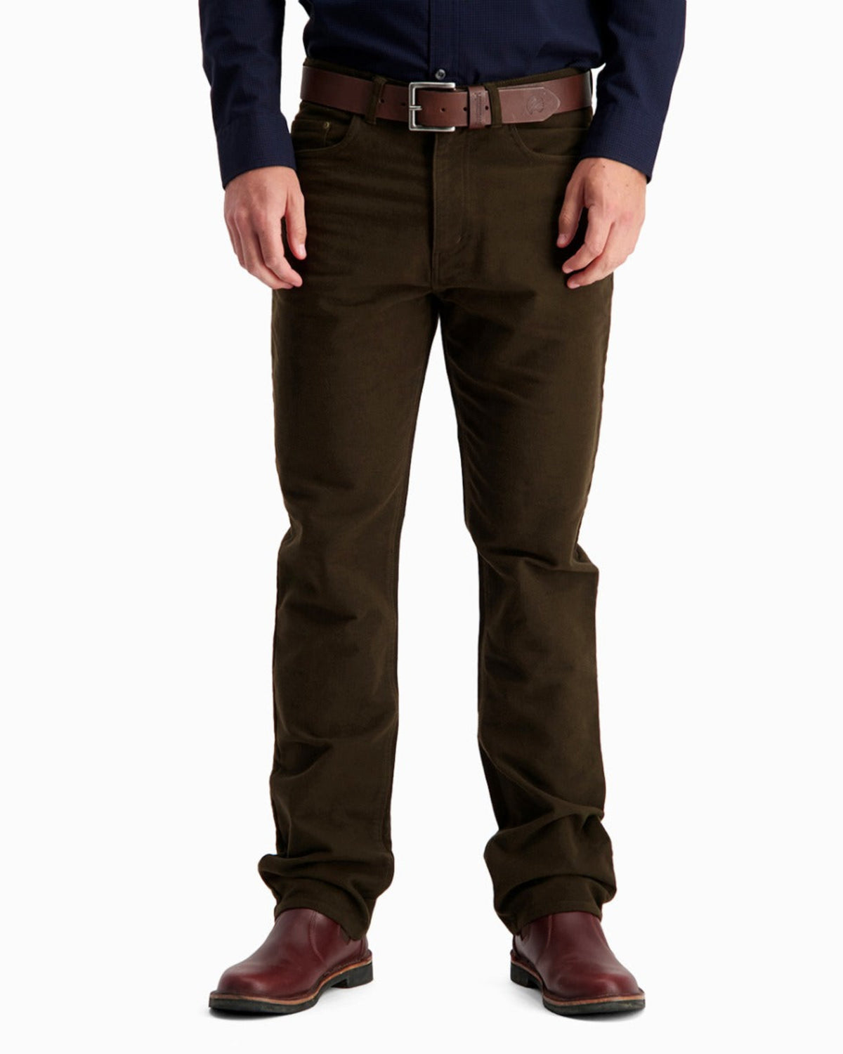 moleskin Brown pants worn by a person on a white background