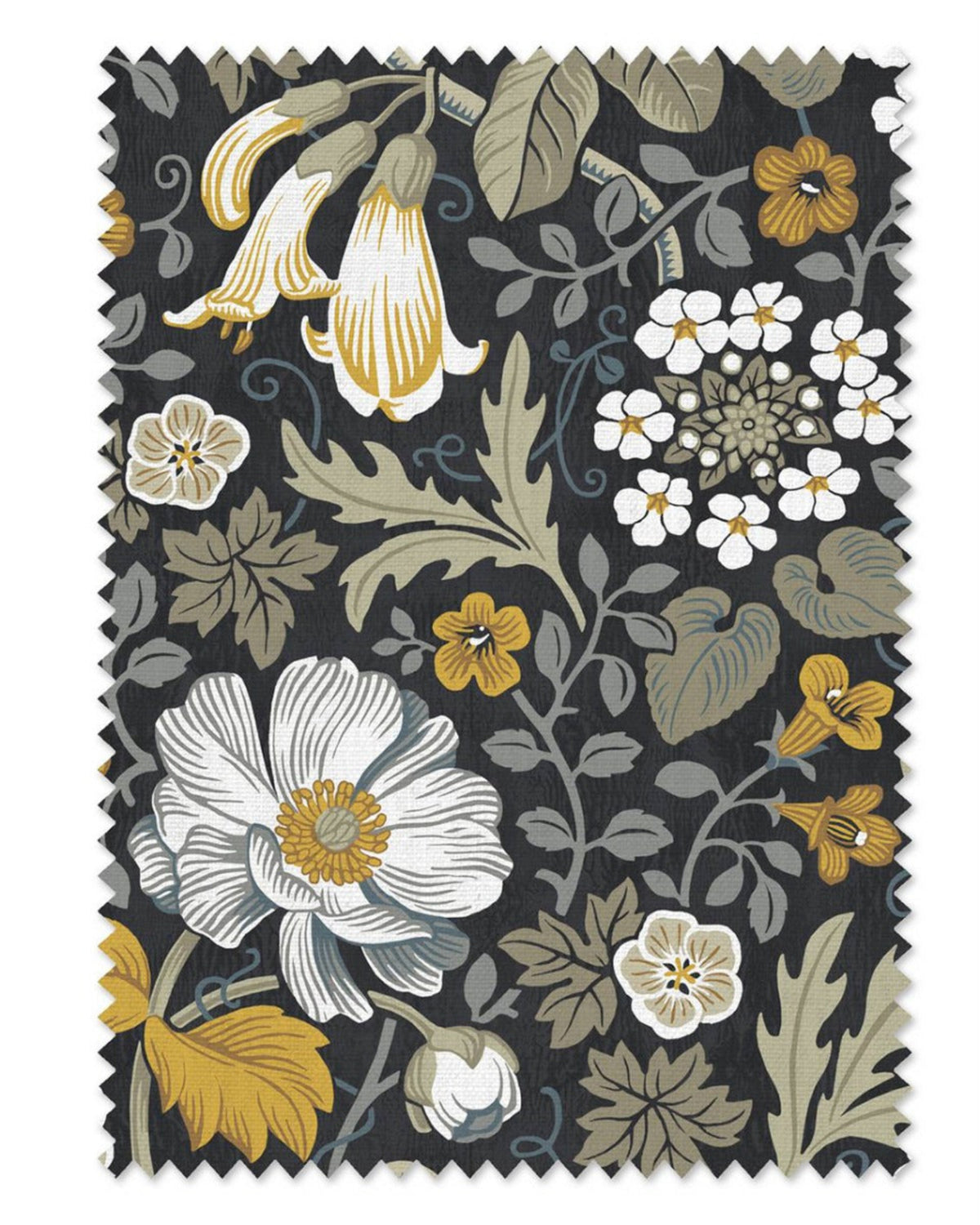 screen cloth Floral pattern swatch with yellow, white, and green flowers on a dark background