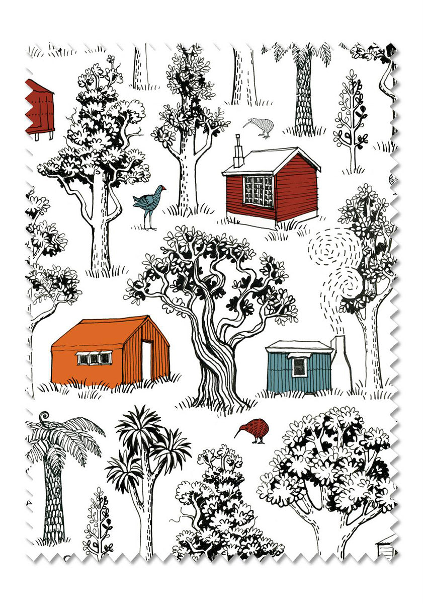 tramping hut screen clothIllustrations of trees and small buildings on a white background