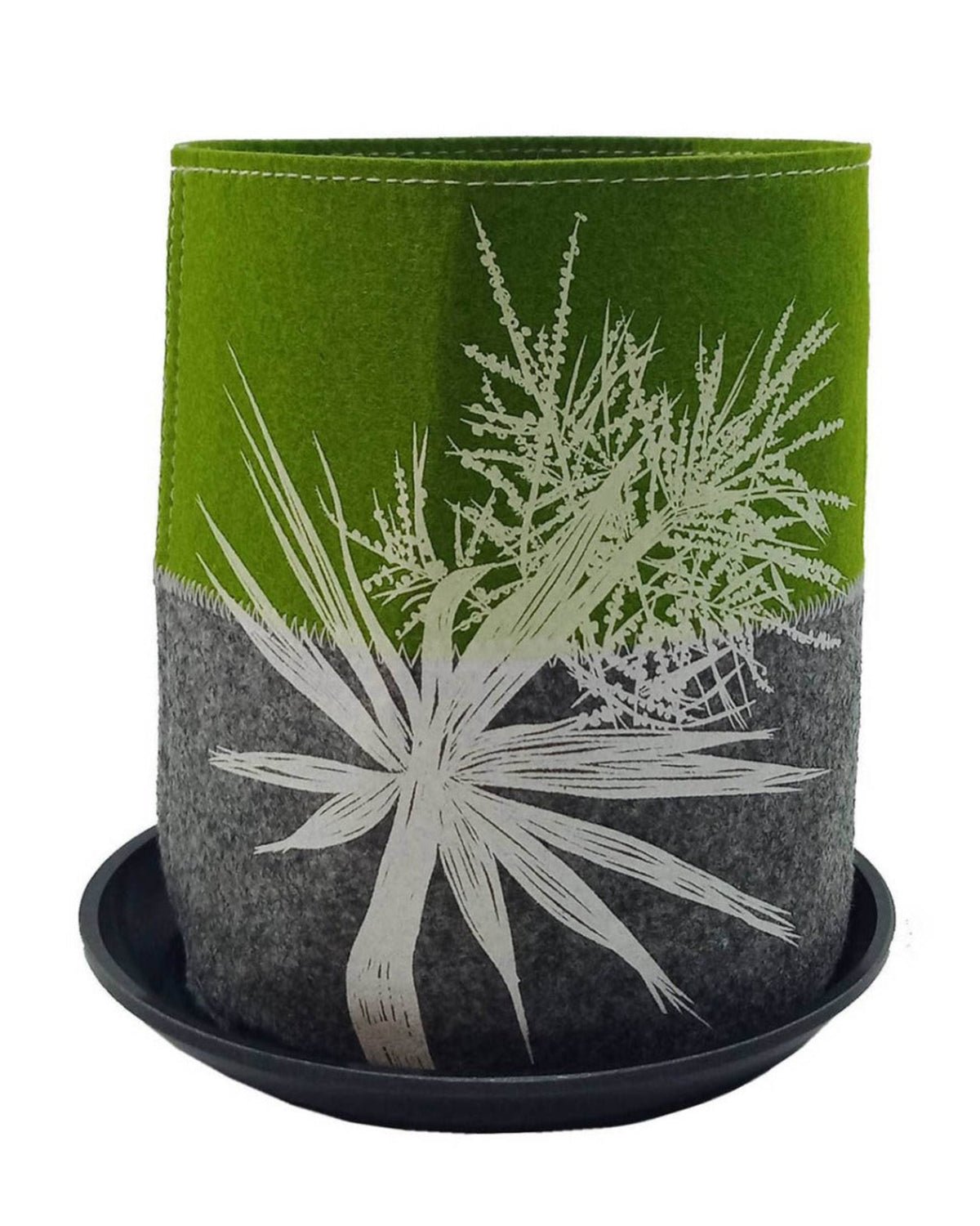 ecco felt grow Green and gray planter with white plant illustration on a white background