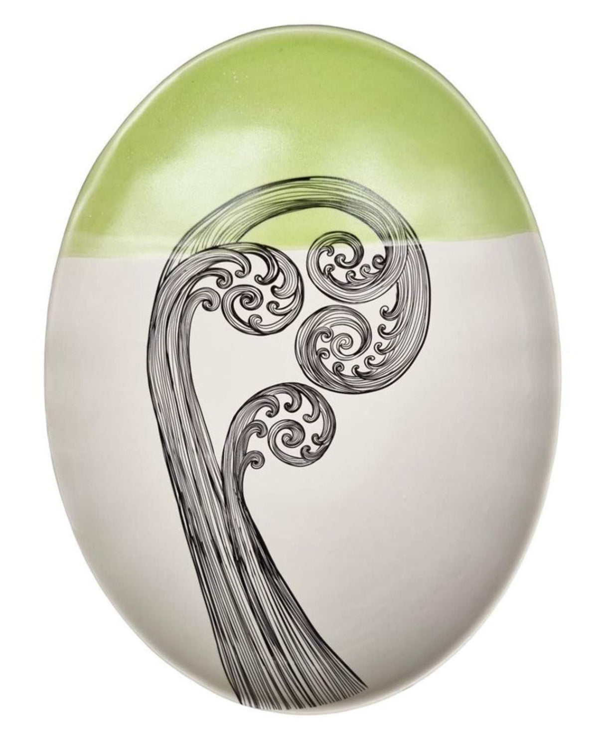 Decorative ceramic  with a green top and white bottom featuring a black spiral design on a white background