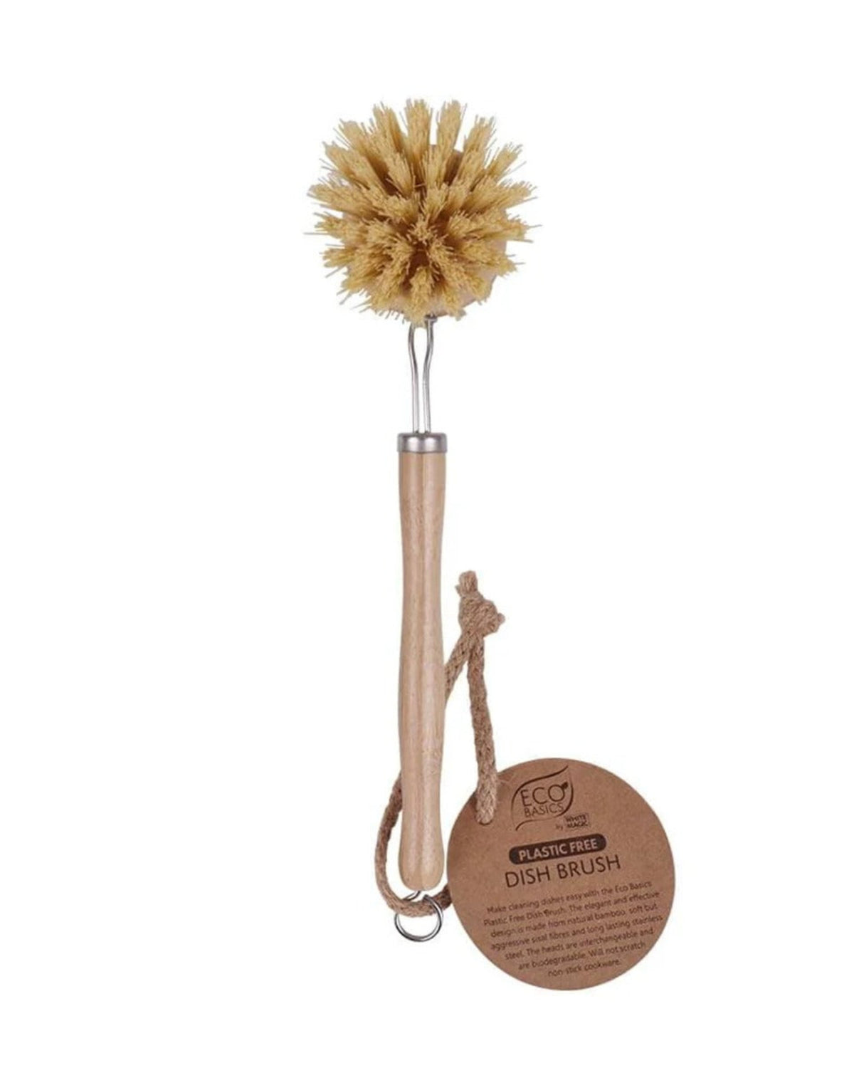Bamboo dish brush with natural bristles on a white background