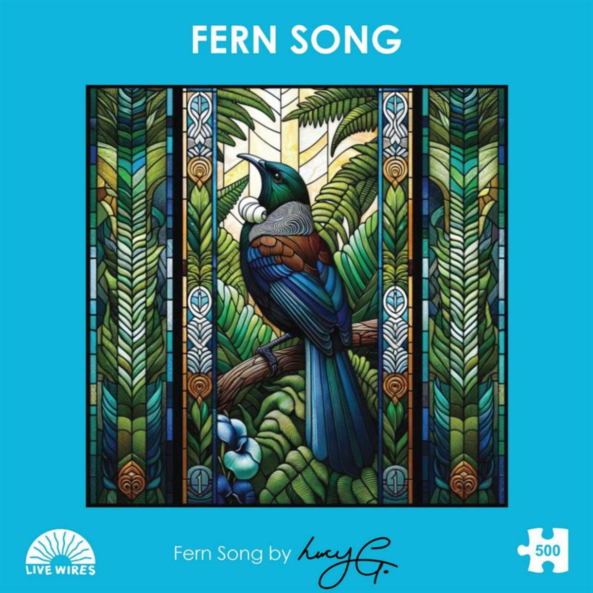Puzzle tui Fern Song album cover with stained glass-style design and bird illustration on a blue background