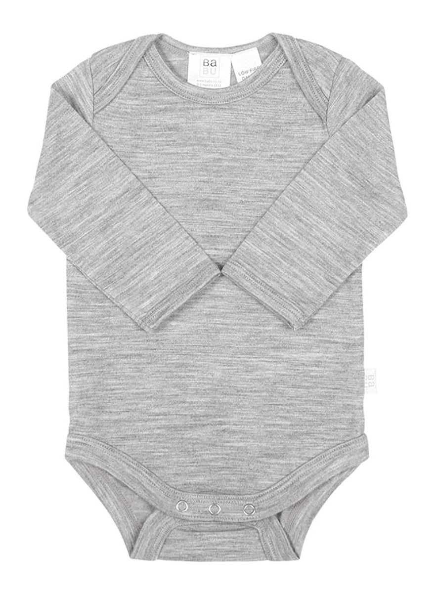 Navy merino blue baby onesie with long sleeves on a white background