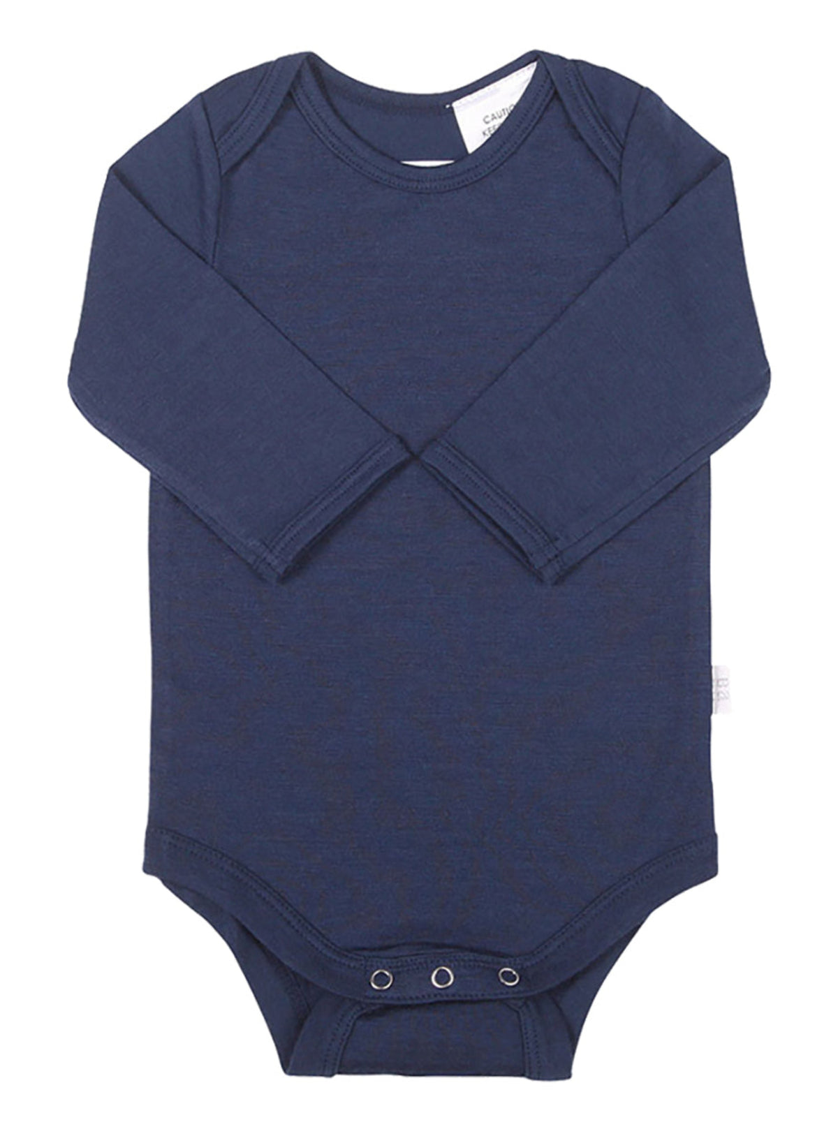 Navy merino blue baby onesie with long sleeves on a white background