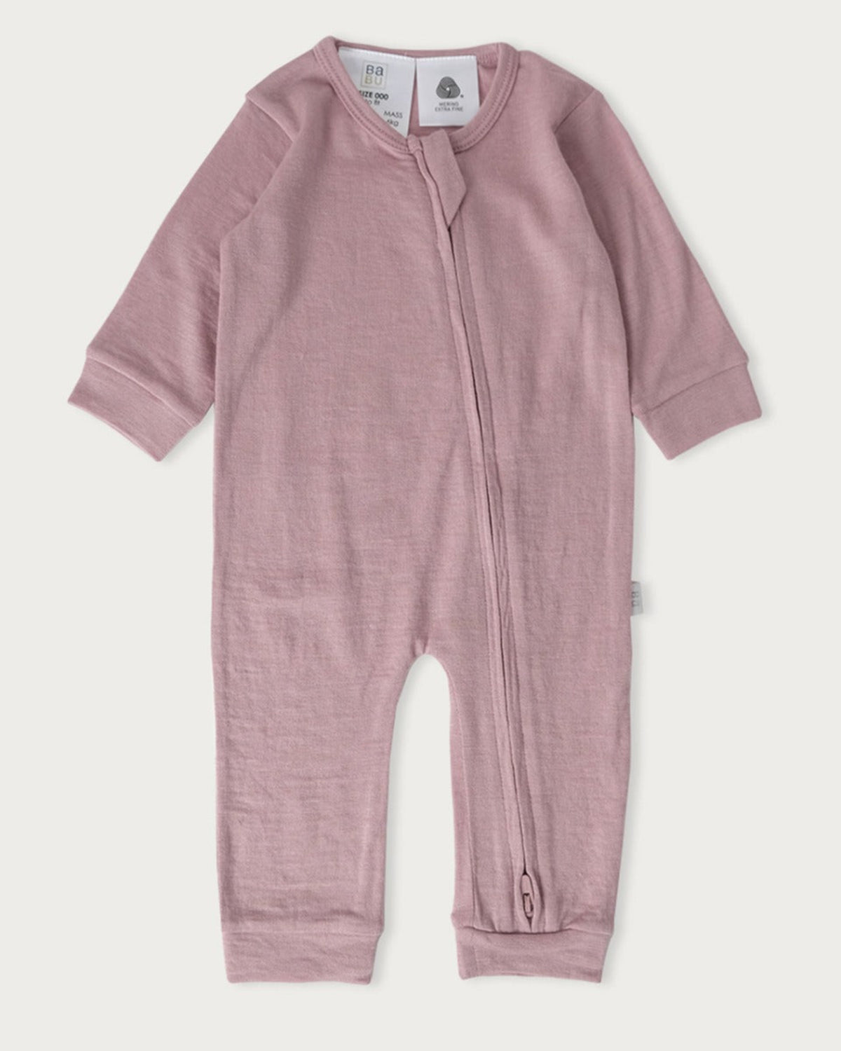merino Pink baby onesie with a zipper on a white background