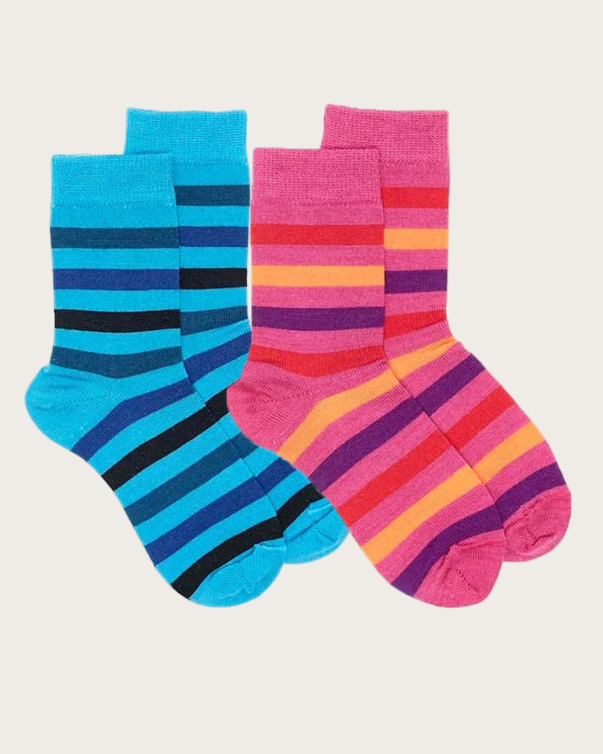 Two pairs of colorful merino striped socks on a white background