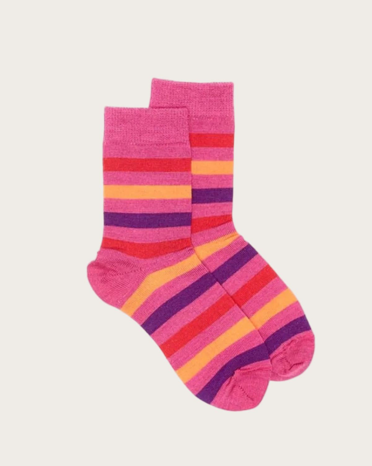 Pair of colorful merino striped socks on a white background