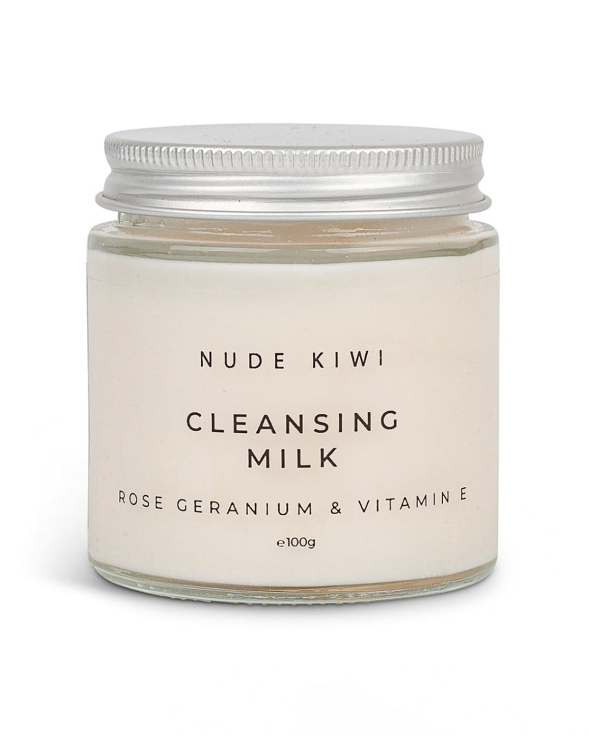 rose geranium and vitamin E Jar of Nude Kiwi Cleansing Milk with a white background