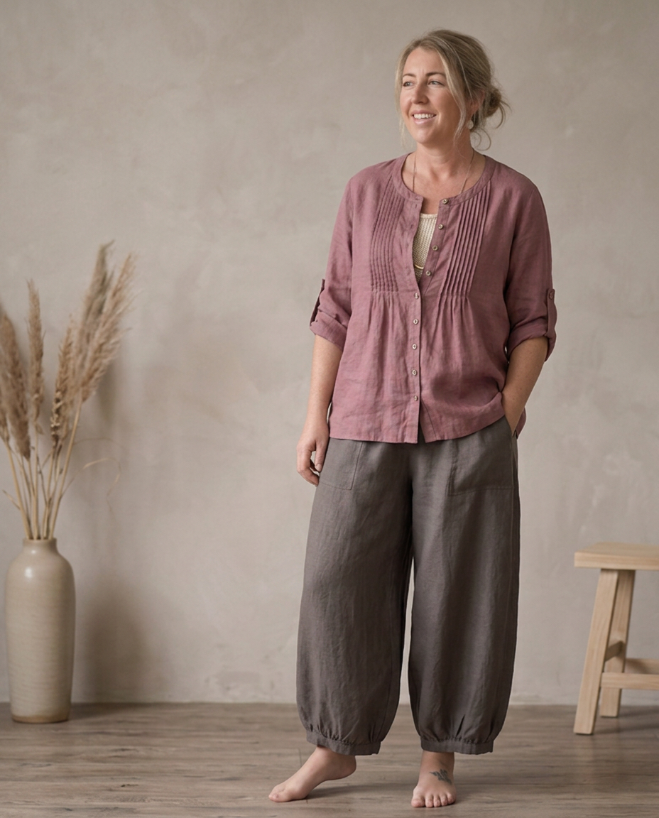 A woman stands barefoot in a rustic room wearing a dusty rose linen top with pleated details and dark gray wide-leg linen pants.