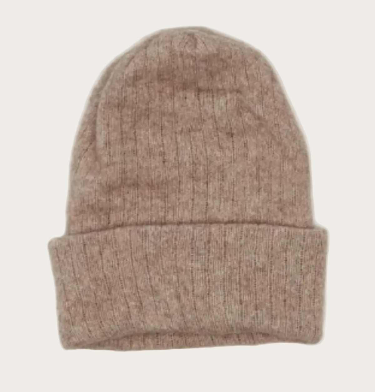 Brown knit possum merino childs beanie on a light gray background