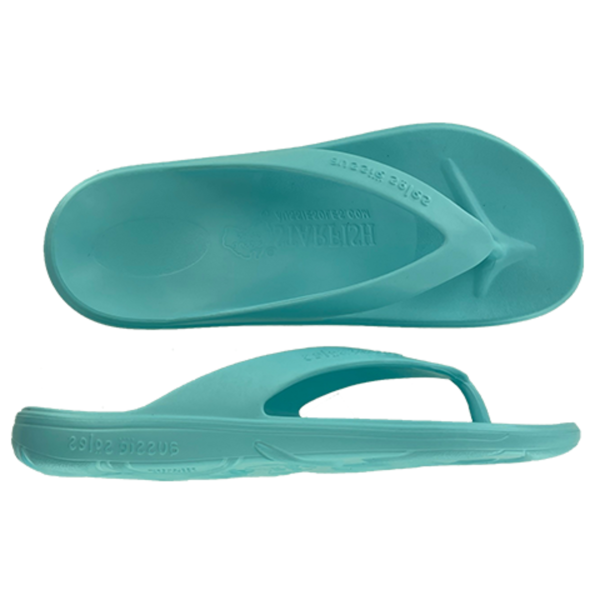 Teal flip-flops with a visible brand logo on a white background