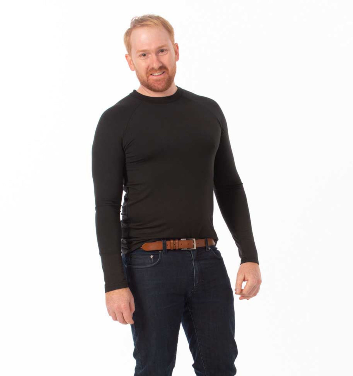 Bamboo Man wearing a black long-sleeve shirt and dark jeans on a white background