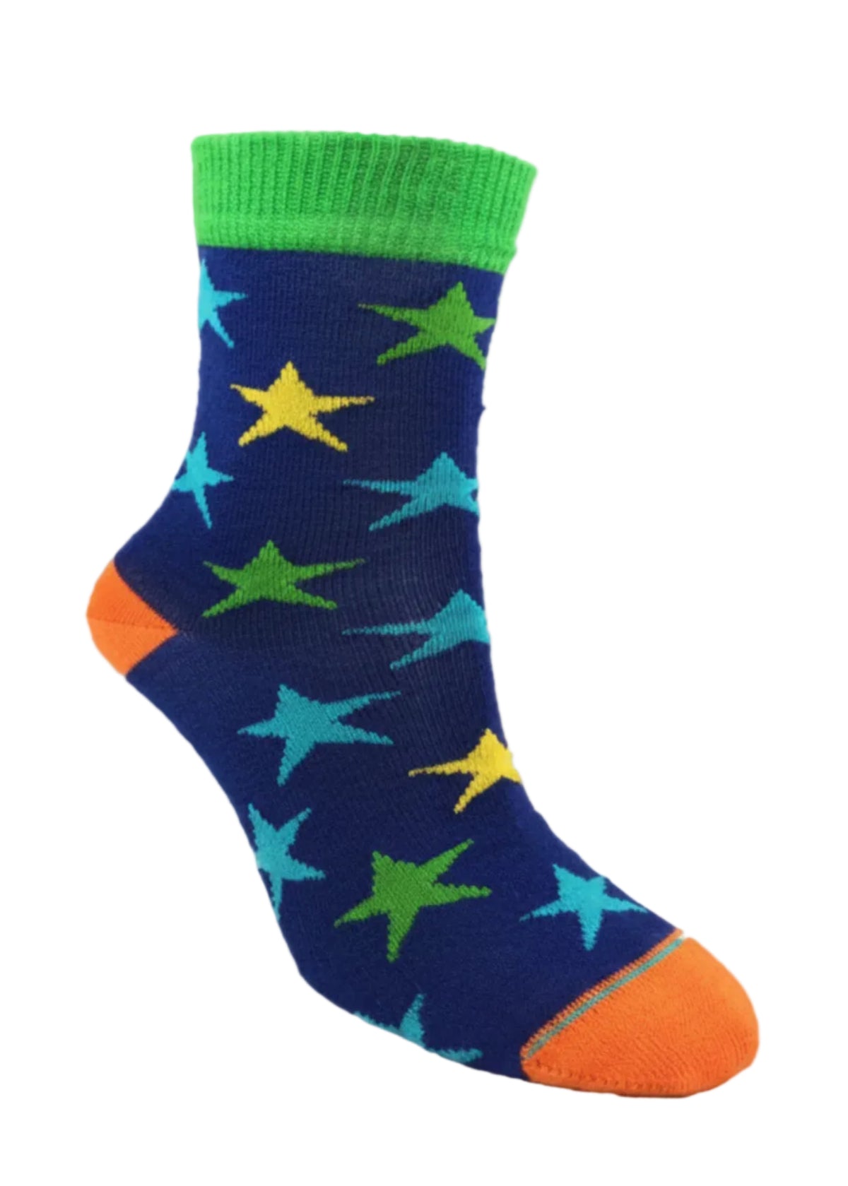 Colorful merino sock with star pattern on a white background