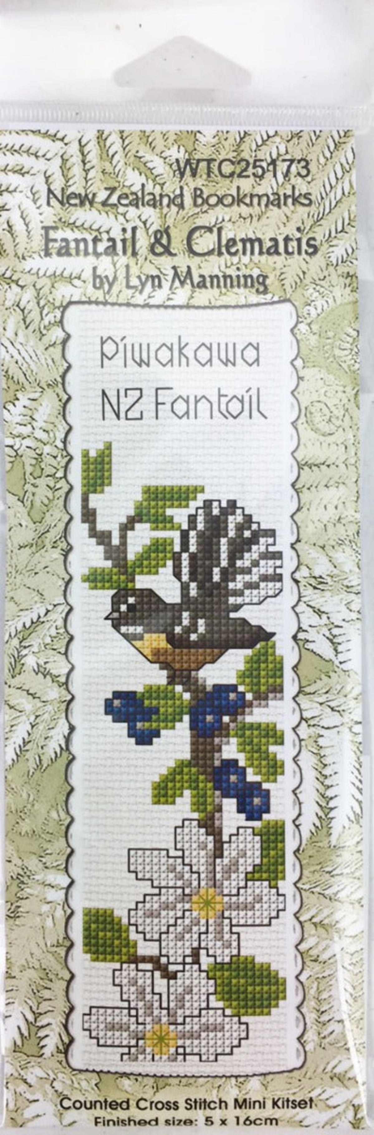 Cross-stitch bookmark kit with bird and floral design on a white background