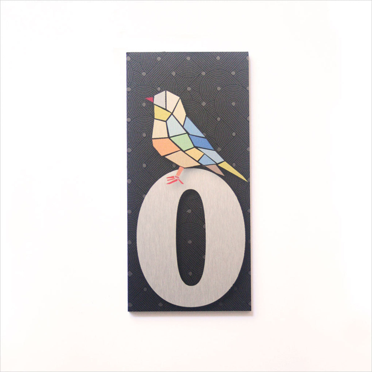 letter box  house number Card with a colorful bird on the number '0' against a dark background