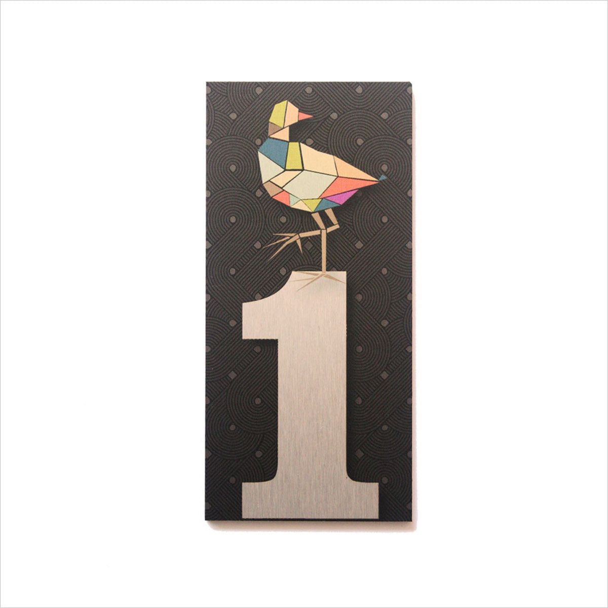 house  and letter box number Decorative card with a colorful geometric bird design on a black background