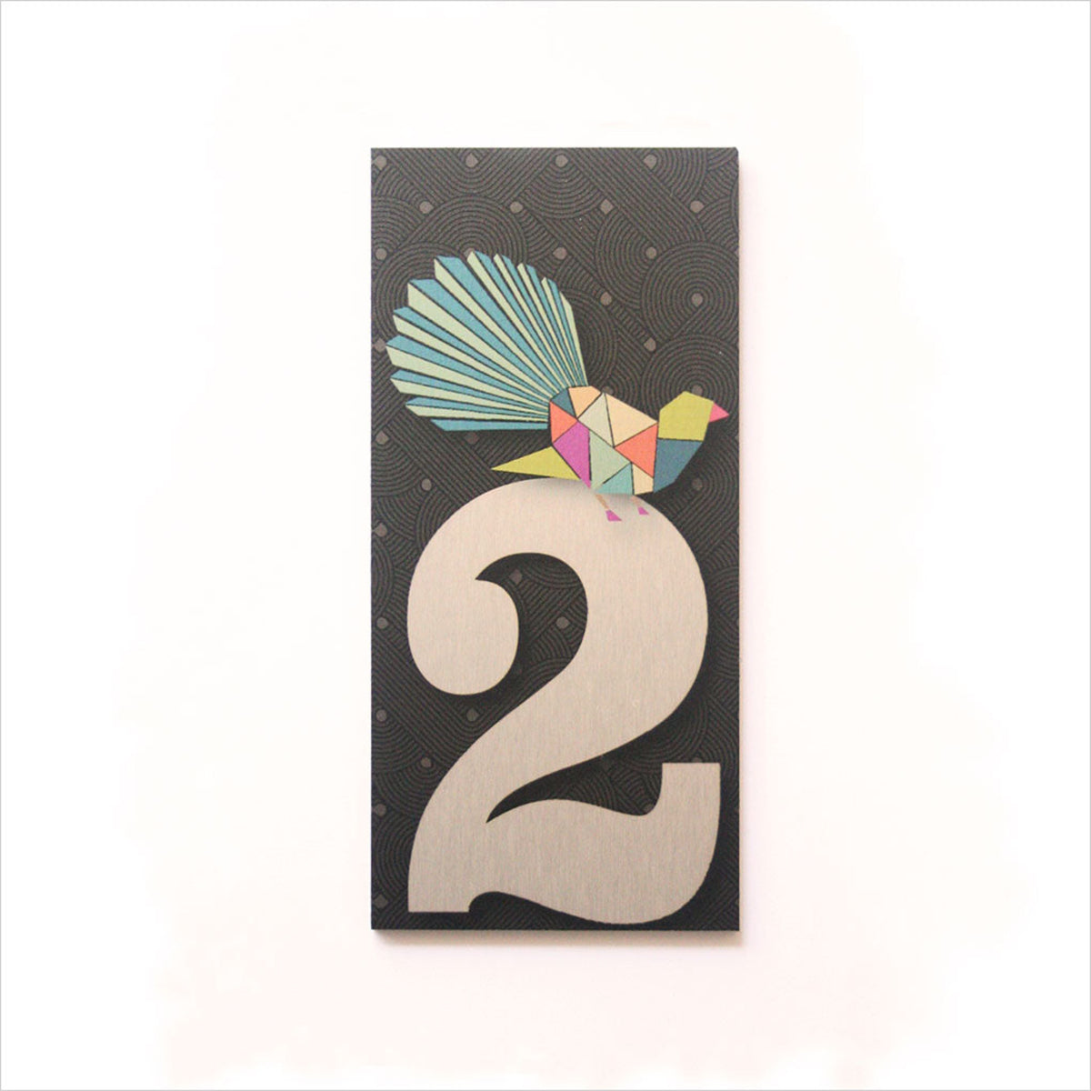 house  and letter box number  Card with a colorful bird and leaf design on a number 2