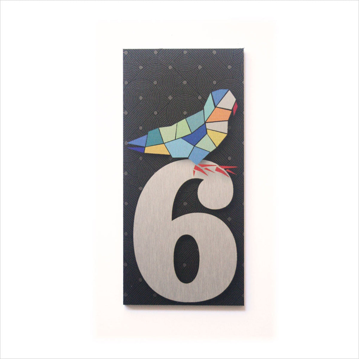 house  and letter box number  Card with a colorful geometric parrot design on the number 6