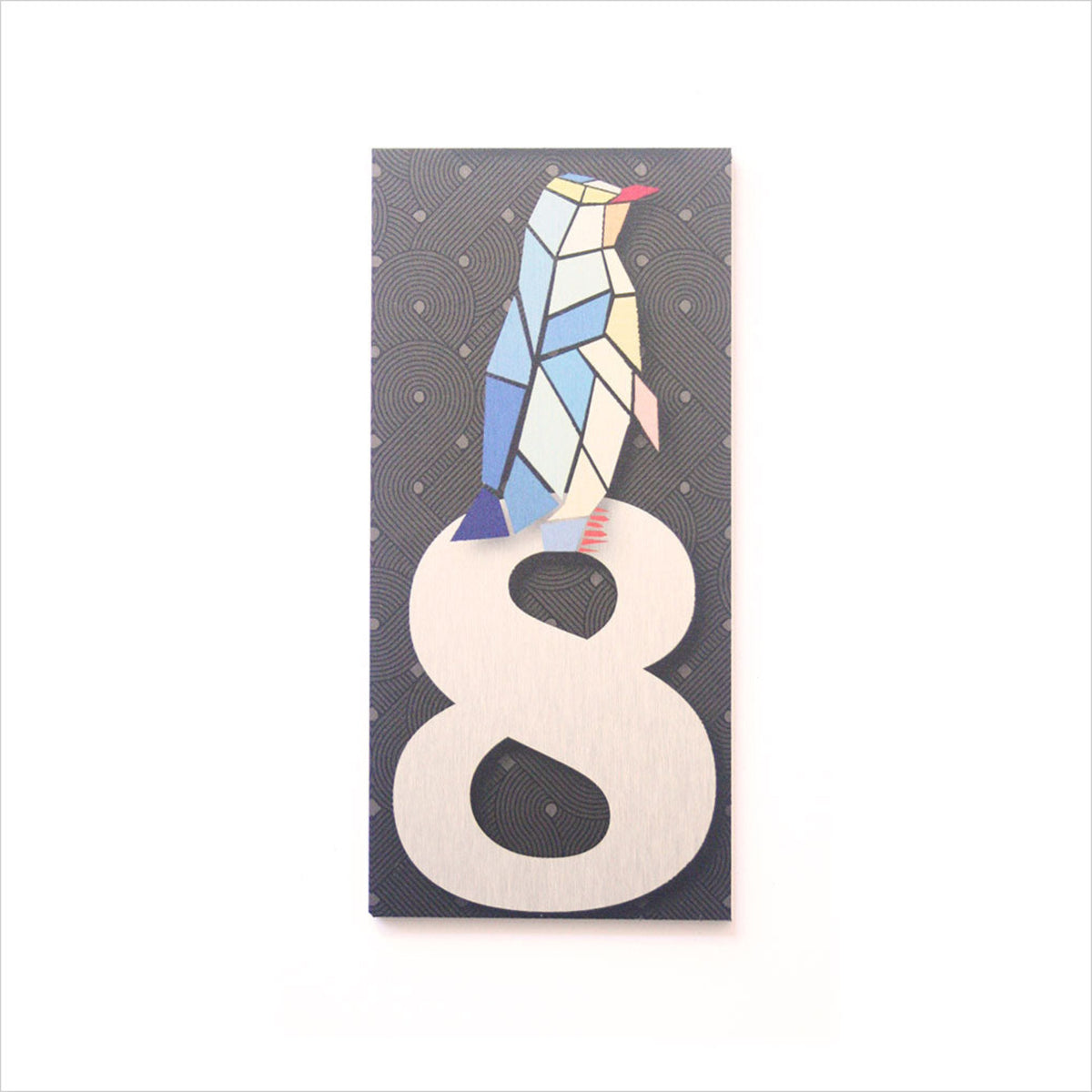 house  and letter box number Card with a colorful penguin design on a number 8 shape against a patterned background