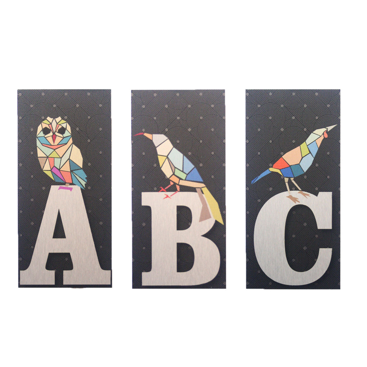 house  and letter box number  Three colorful bird illustrations on letters A, B, and C against a black background with white polka dots.
