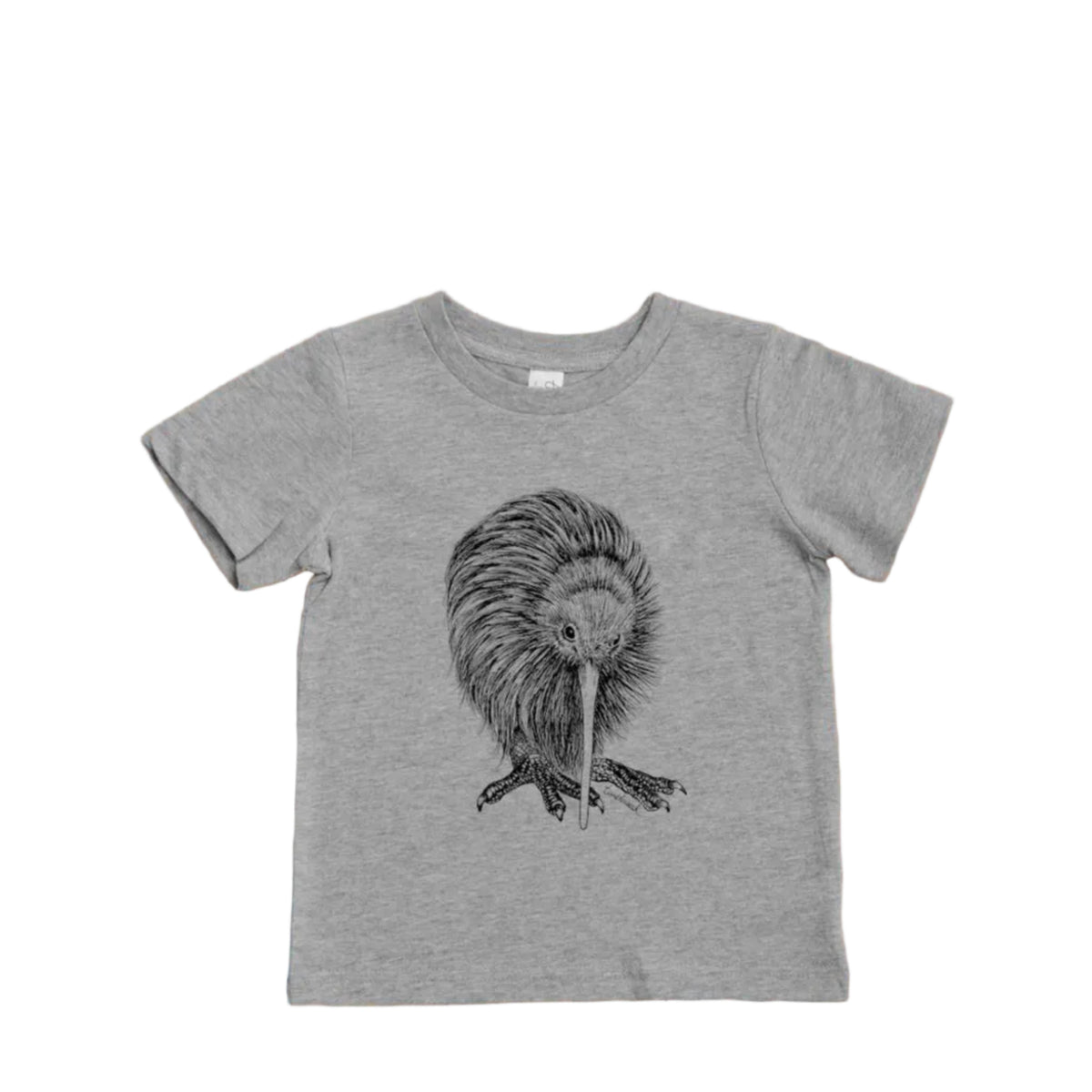 cotton kiwi Gray t-shirt with a kiwi bird graphic on a wooden background