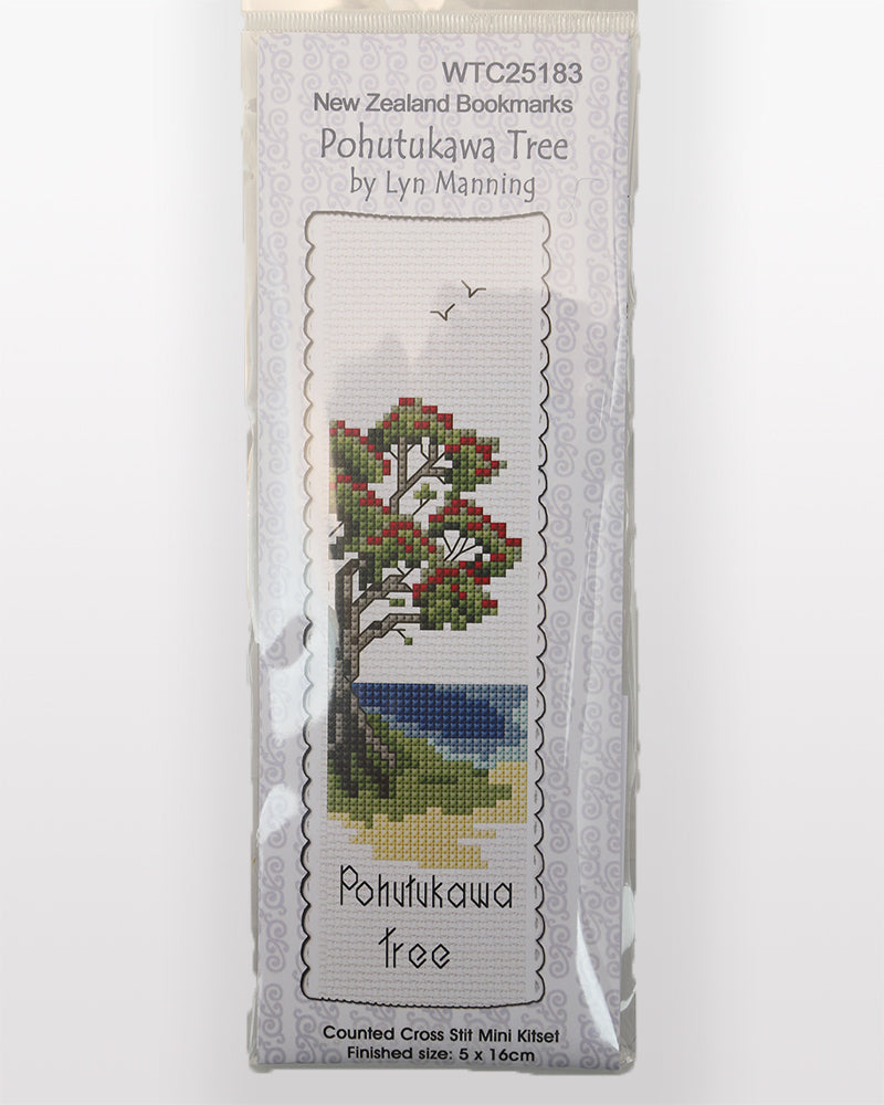 Packaged cross-stitch kit for Pohutukawa Tree with tree design on a white background