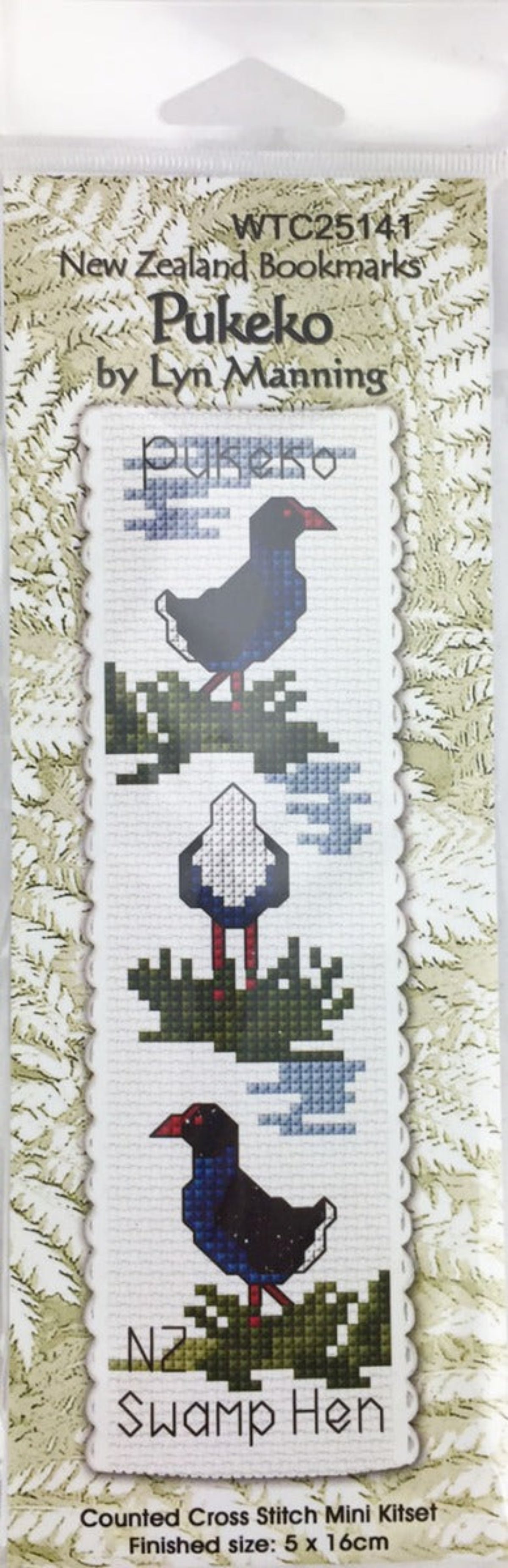 Cross-stitch kit for New Zealand book markers with Pukeko designs by Lyn Manning.
