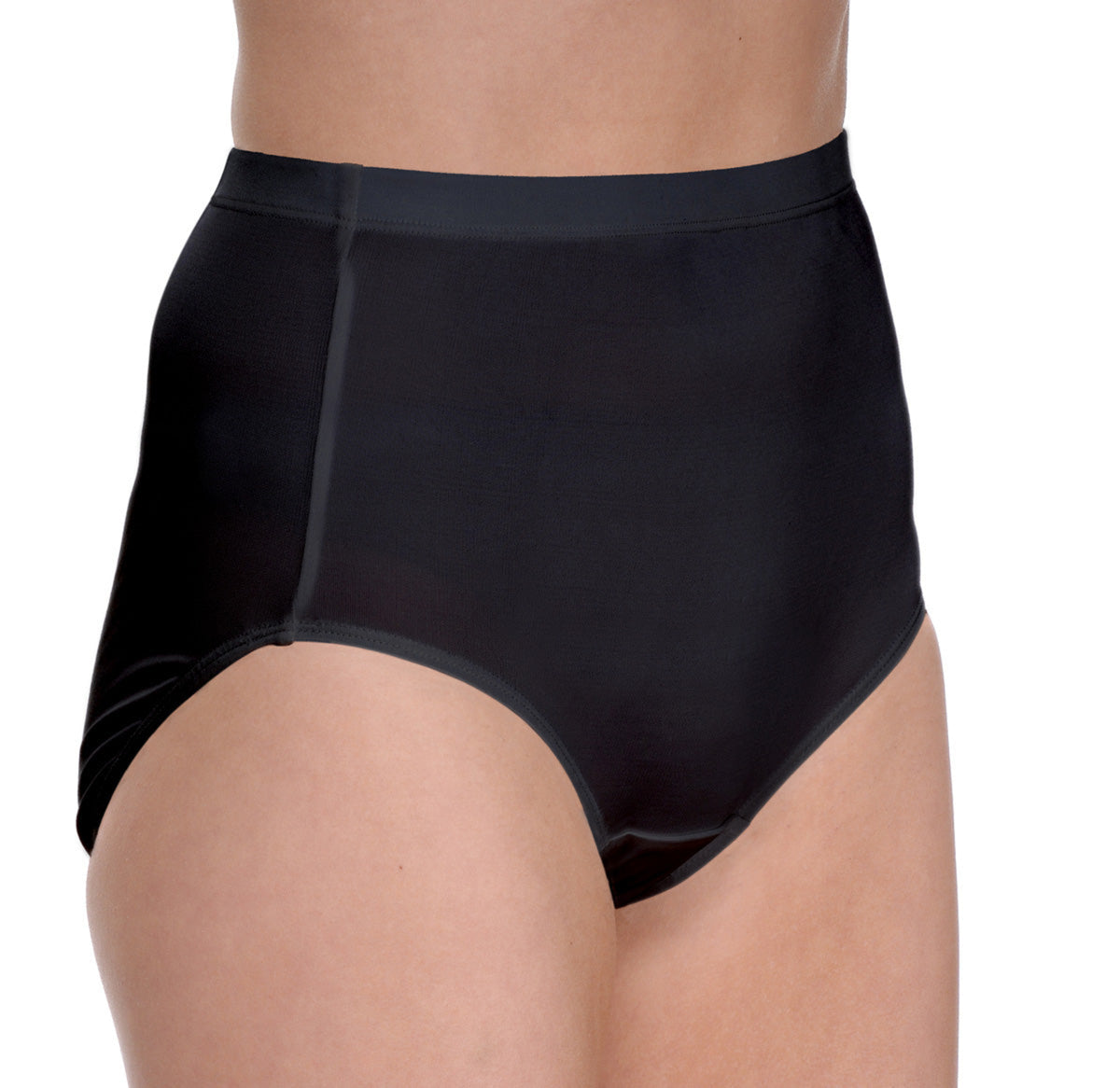 Black high-waisted silk underwear on a 