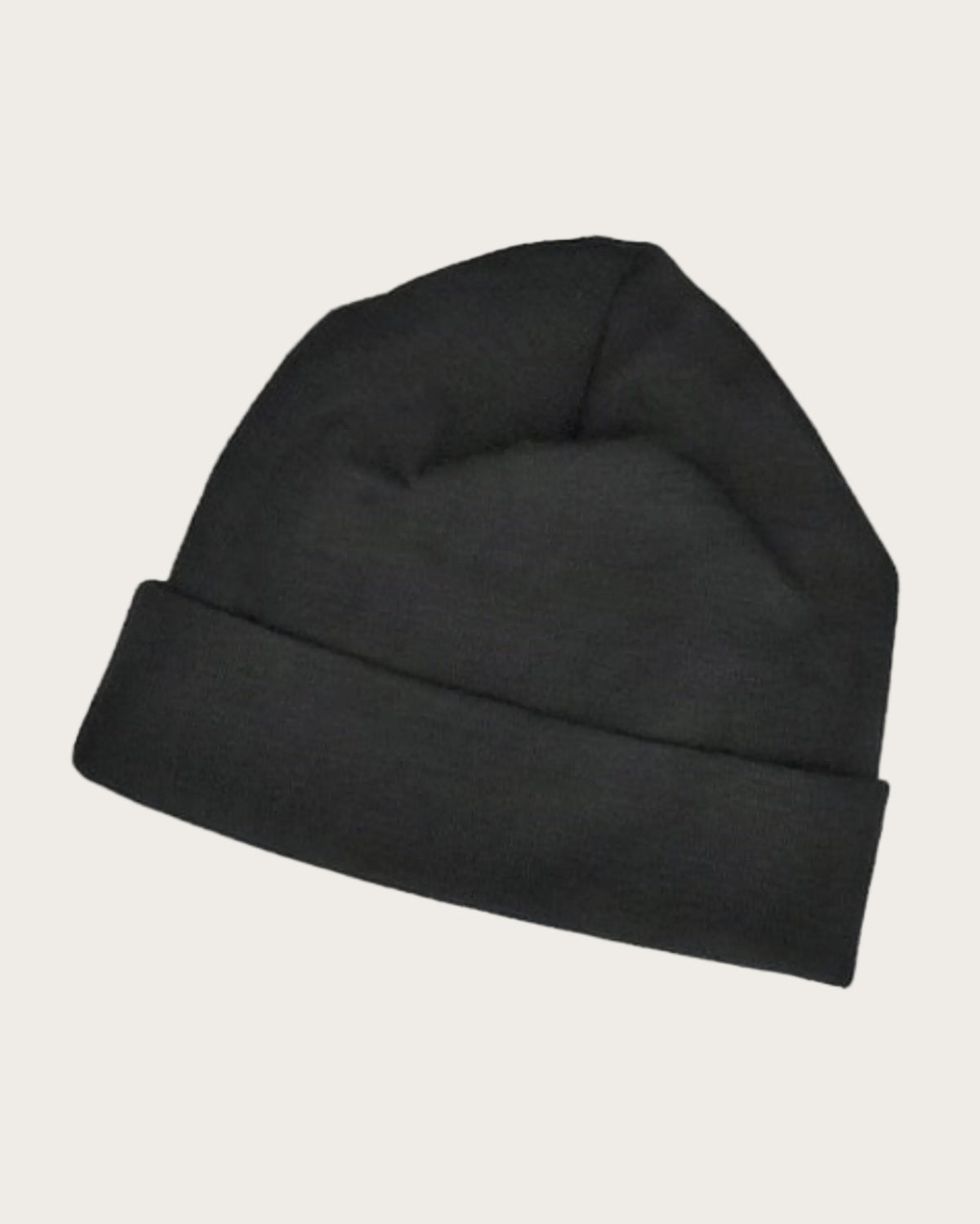 A plain black knit beanie hat with a folded cuff, shown on a solid white background.