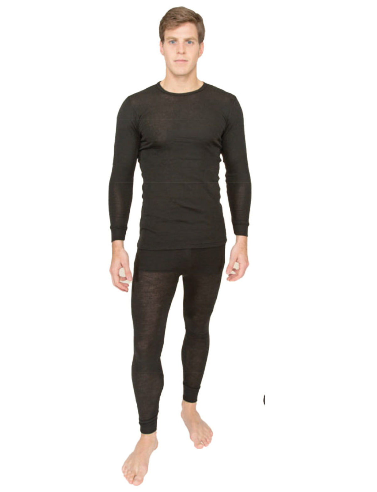 Merino Man wearing black long-sleeve shirt and pants on a white background