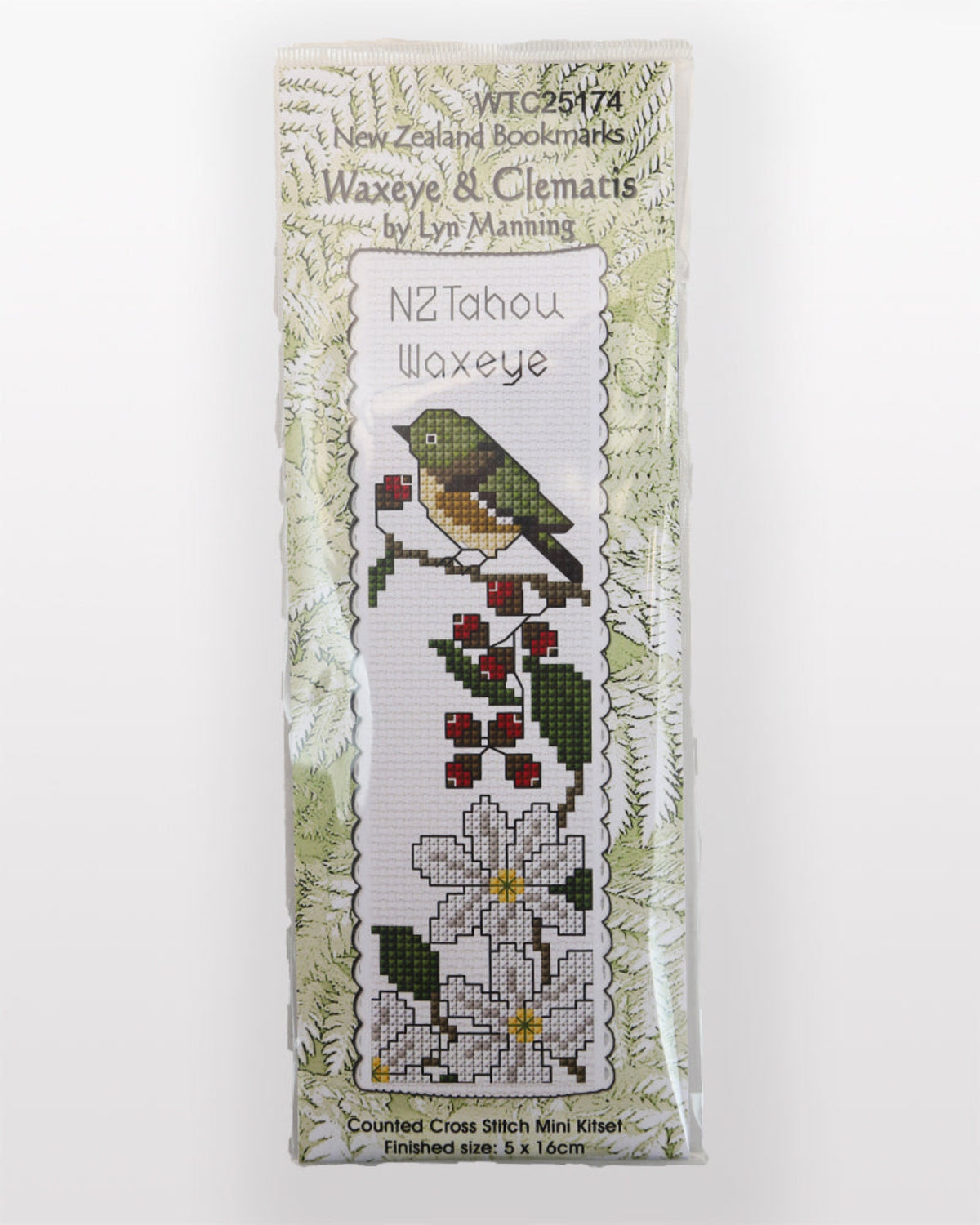 Cross-stitch bookmark kit in packaging with bird and floral design